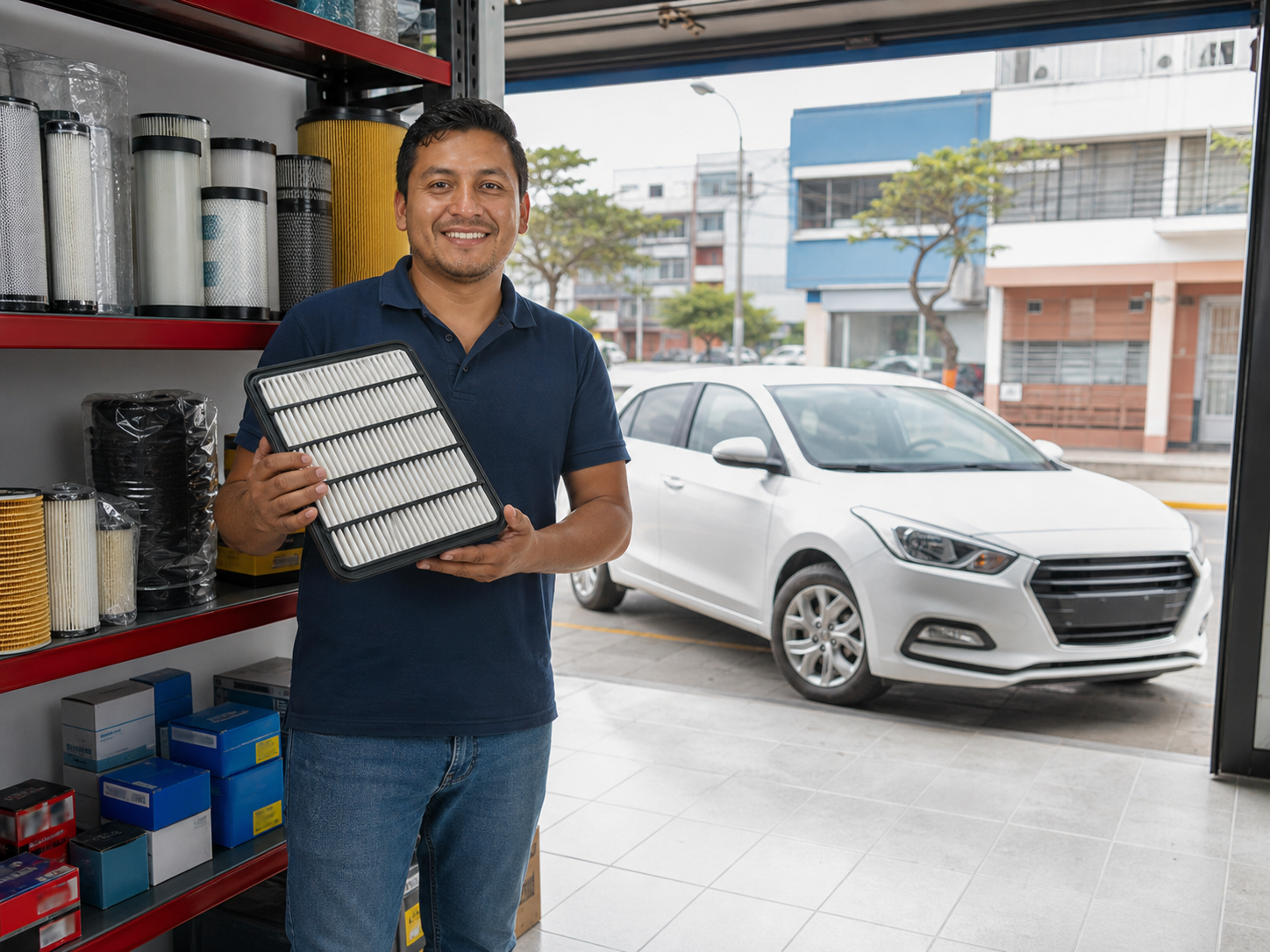 Emprendedor en tienda de repuestos con vehículo Hyundai