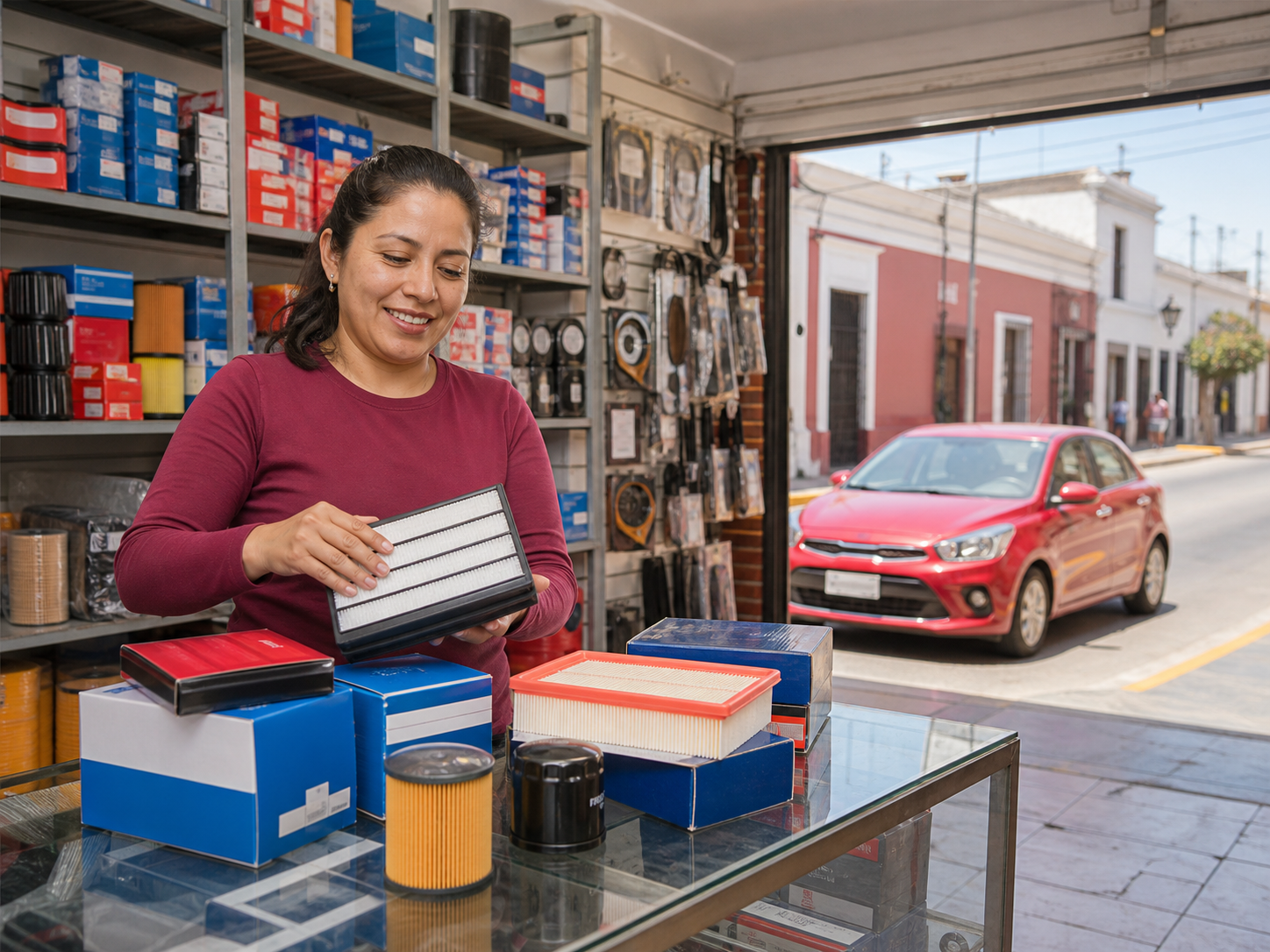 Dueña de tienda de autopartes con auto Kia
