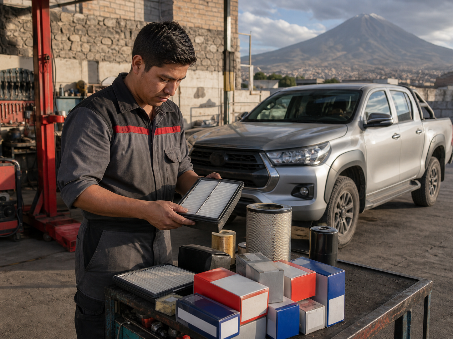 Mecánico en taller abierto con camioneta Toyota
