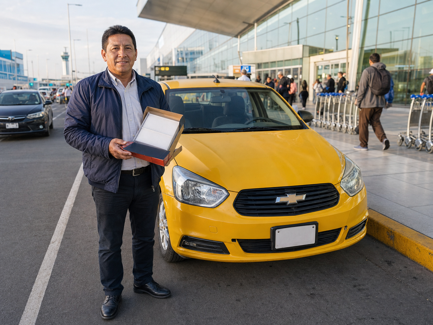 Taxista en zona de aeropuerto con sedán Chevrolet