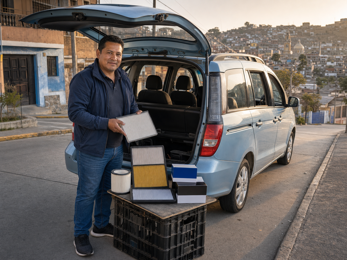 Conductor de minivan en calle de ladera con filtros
