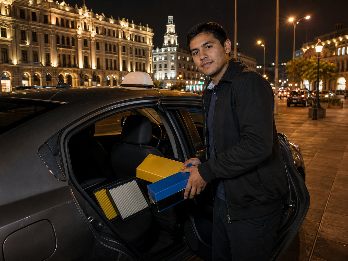 Taxista nocturno en el centro de la ciudad