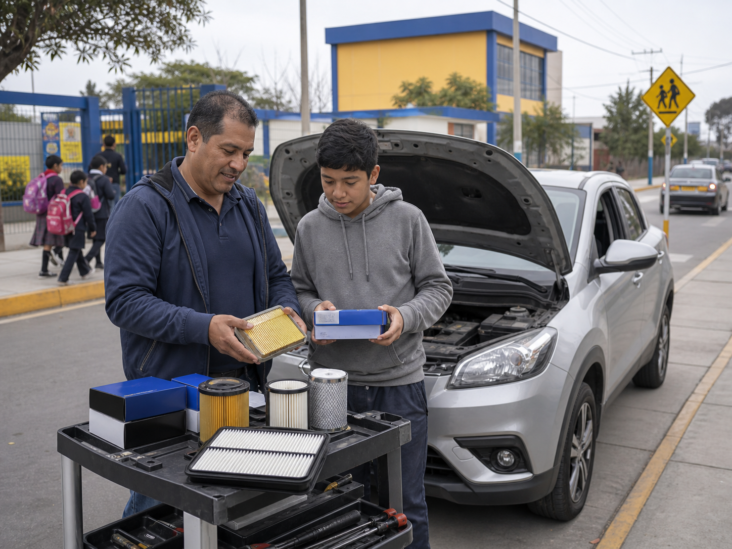 Operador de taxi familiar revisando filtros junto a SUV