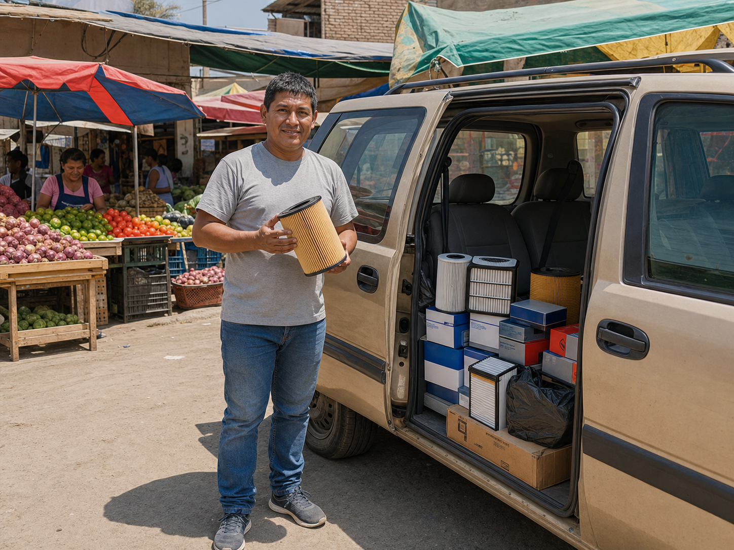 Conductor de minivan en mercado con cajas de filtros
